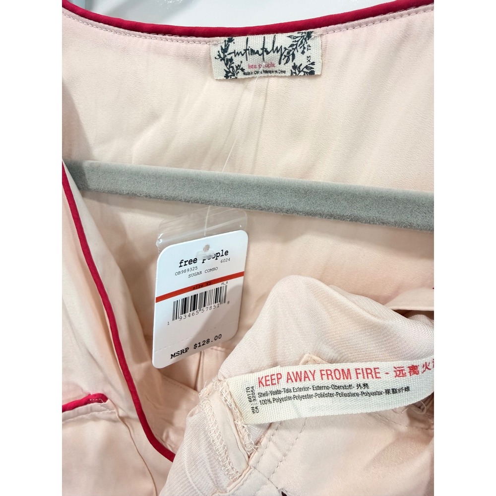 Free People Intimately Satin Pajama Set Sugar Pink Red Piping XS NEW - Picture 7 of 14